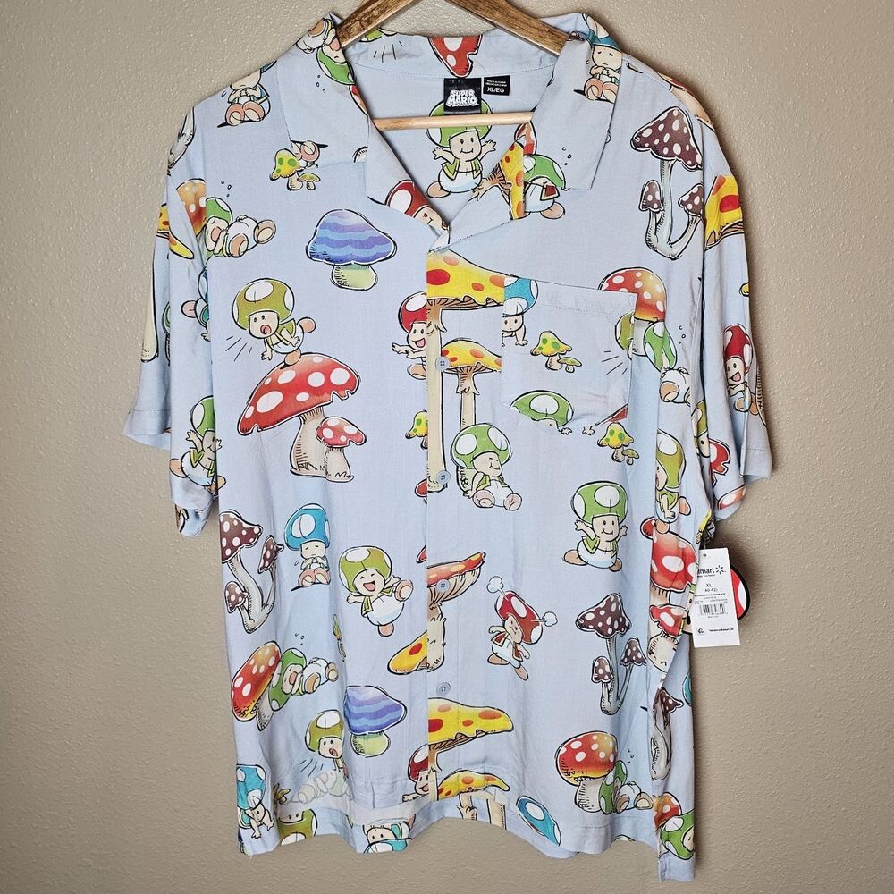 Super Mario Toad Mushroom Graphic Print Blue Collared Short Sleeve Button-Up XL
